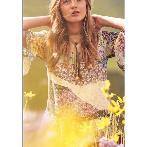 Floreat by Anthropologie Boho Patchwork Beaded Blouse Sheer Lining Large NWT - Picture 2 of 11